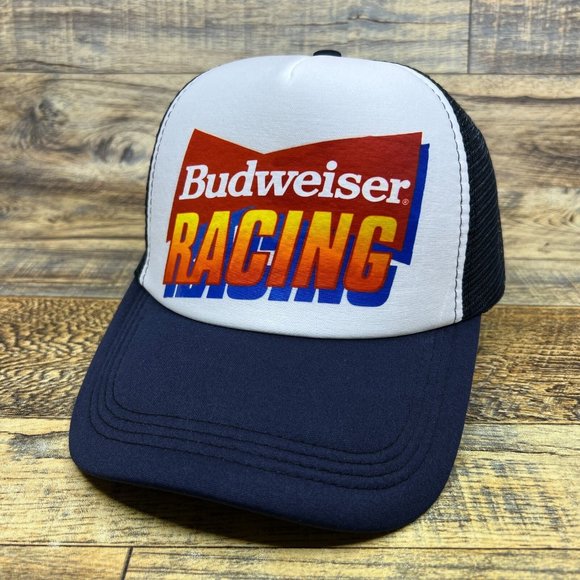 Budweiser Racing Mens Trucker Hat Navy Snapback Motorsport Drag Race Ball Cap - Picture 1 of 8